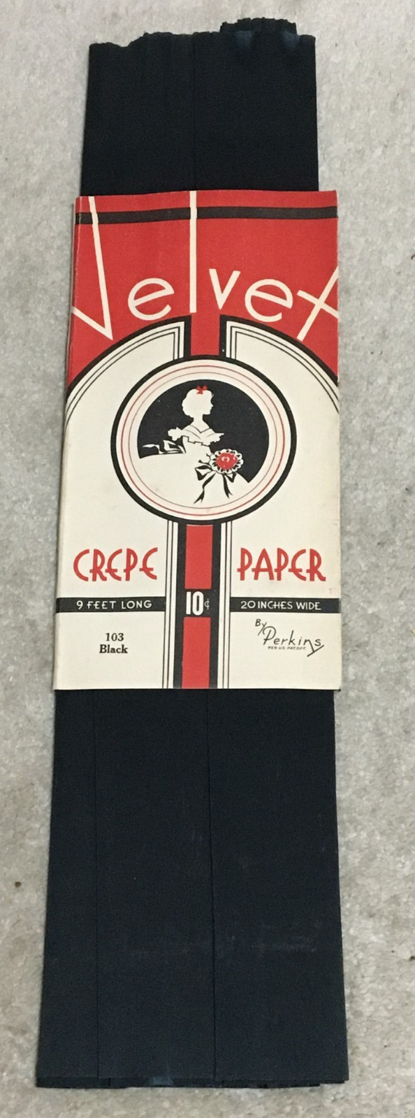 Vintage c1930’s VELVET brand Crepe Paper by PERKINS #103 Black 9 feet x 20″