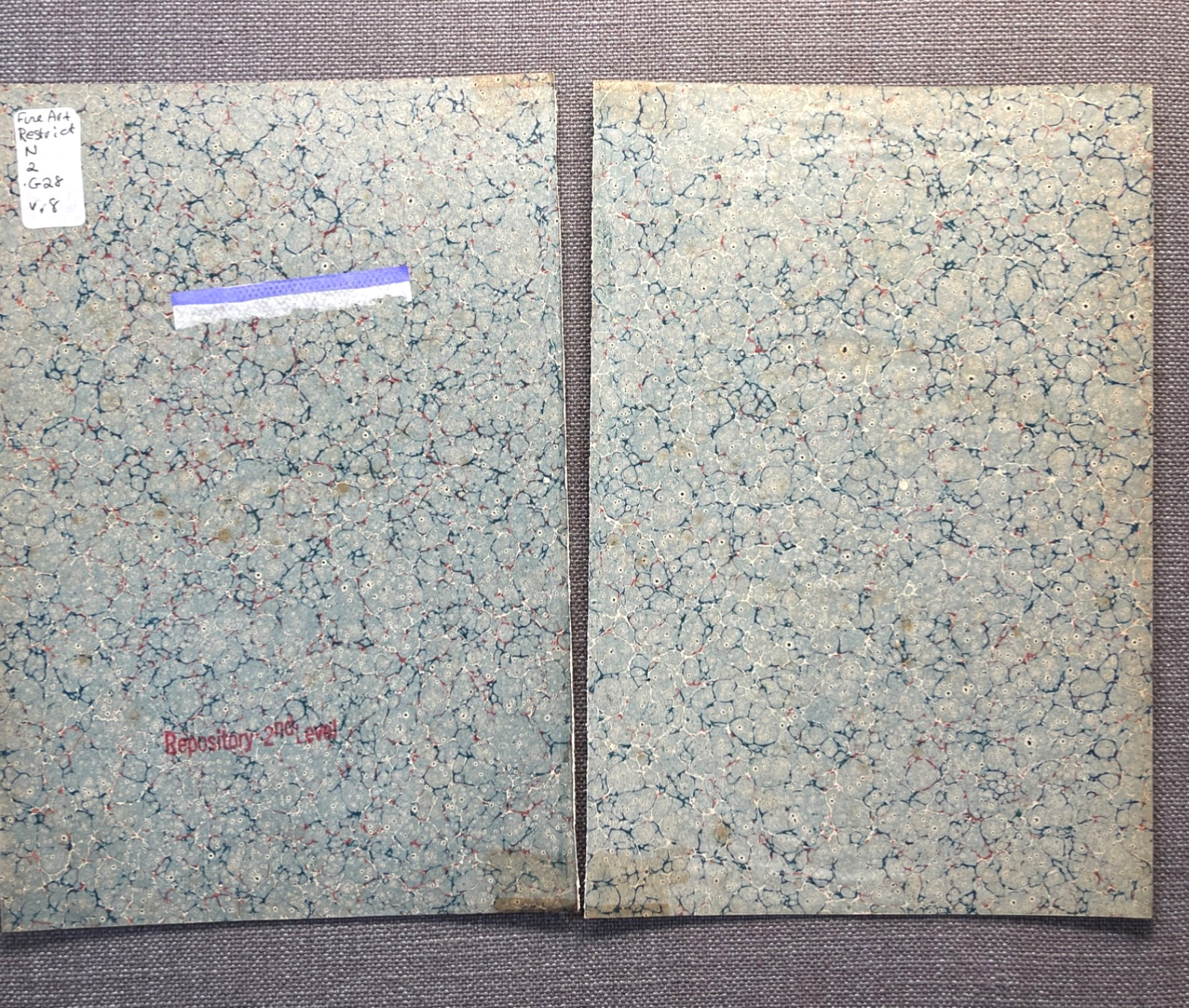 Antique Marbled End Papers Pair Bookbinding Blue Red White