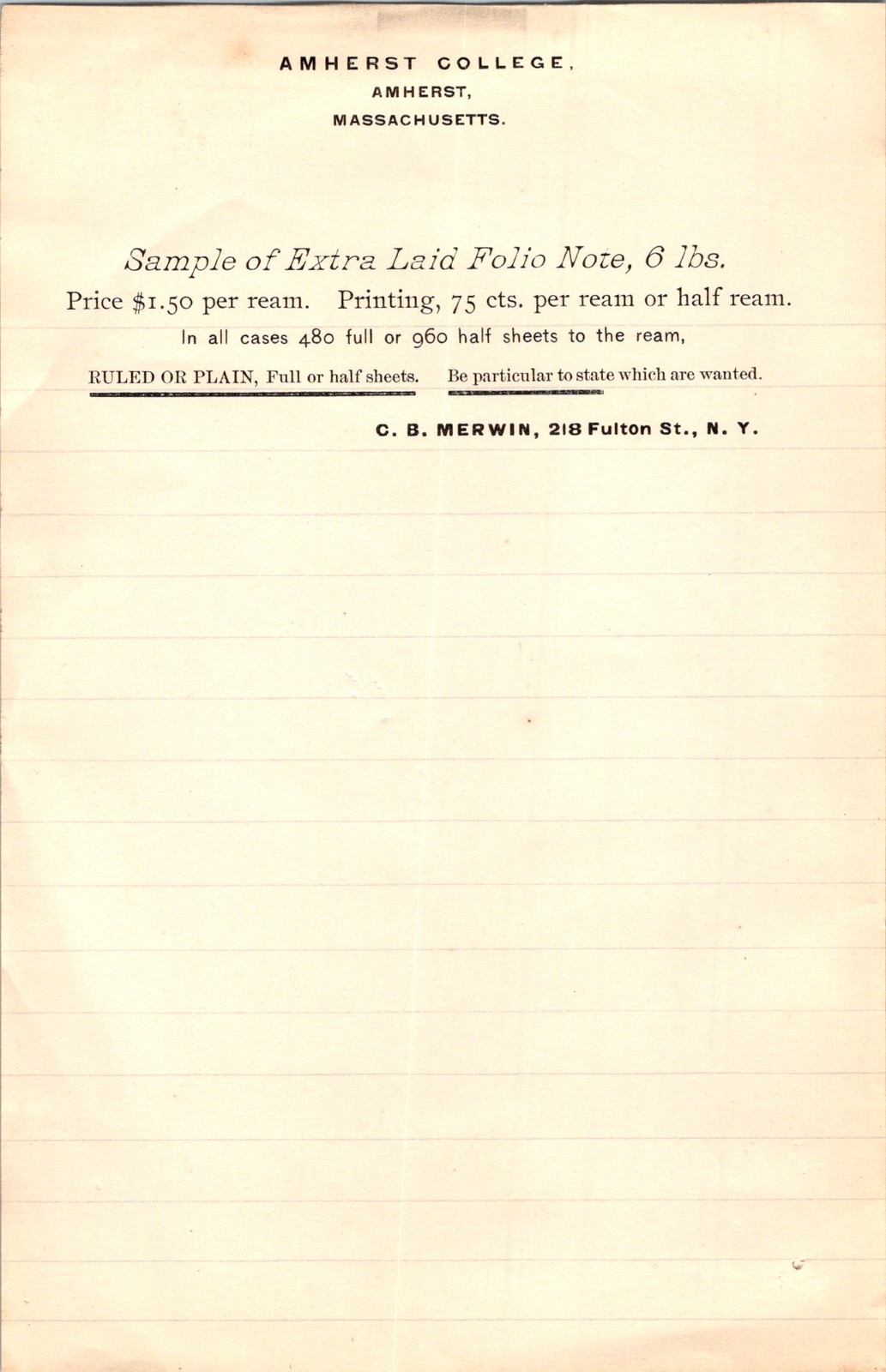 C B Merwin Sample Paper Sheet 1890s Amherst College New York City Extra Laid