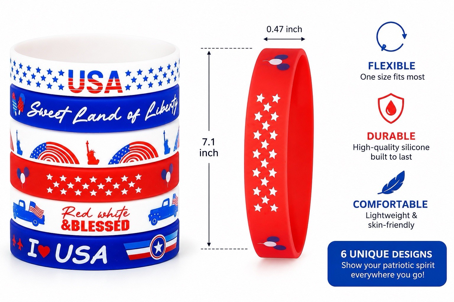 6 Pc Patriotic Silicone Wristband Bracelet Set USA Red White Blue July 4th New