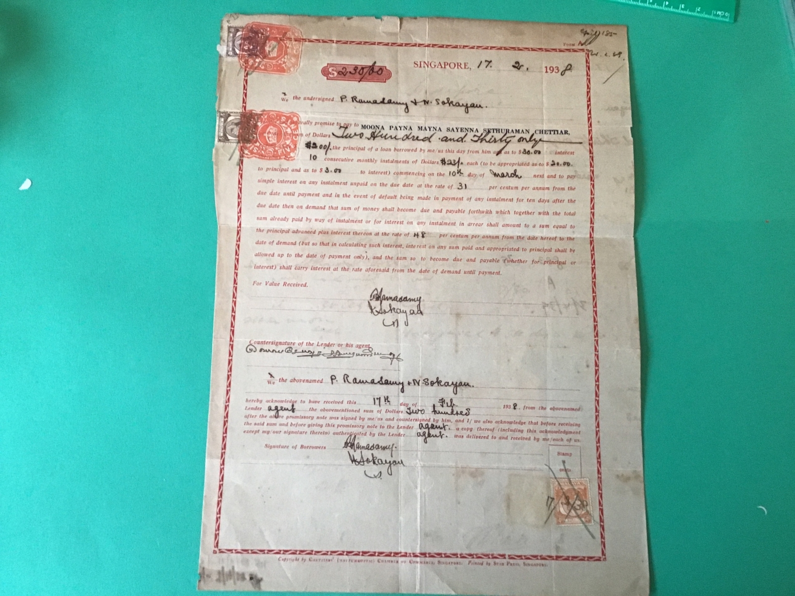 Singapore 1938 Large Document & Revenue stamps Folded Ref R28380