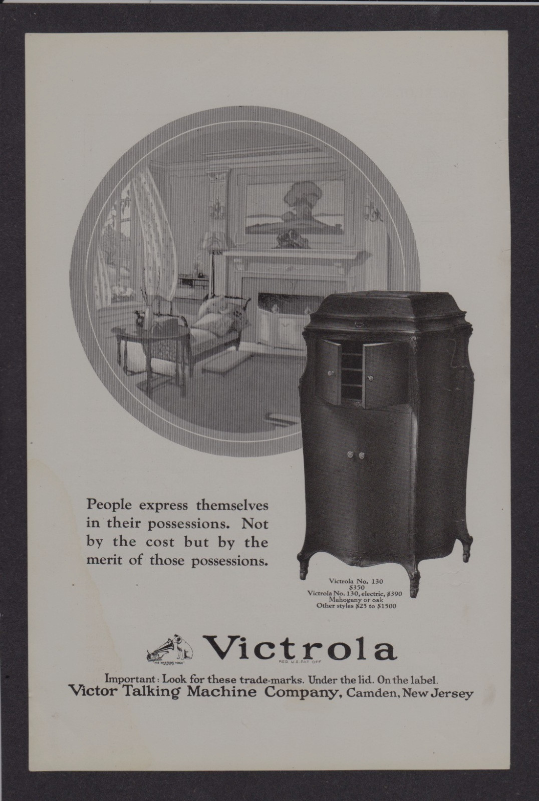 1922 Victrola No. 130 Victor Talking Machine – Mag. Ad Print –Camden, N.J