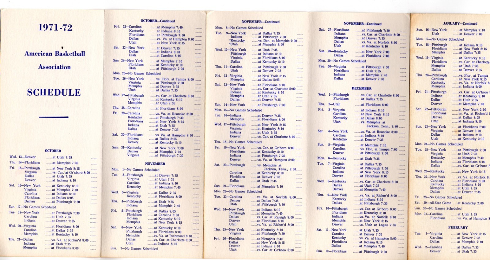 1971-72 ABA American Basketball Association Season Schedule