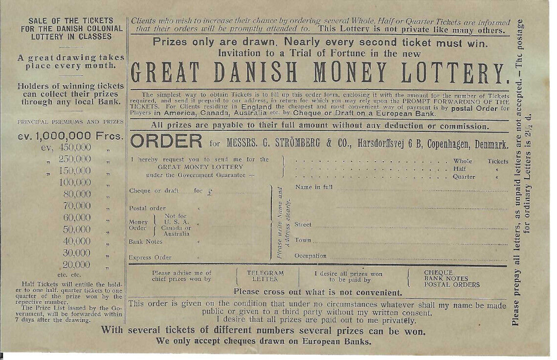 VTG 1914 ‘GREAT DANISH COLONIAL MONEY LOTTERY’ ADVERTISING BROCHURE~WIN $200,000