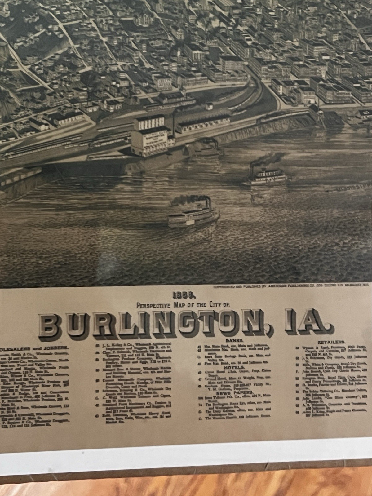 1898 Burlington Iowa Bird’s Eye View Map Antique City Lithograph Print Mounted