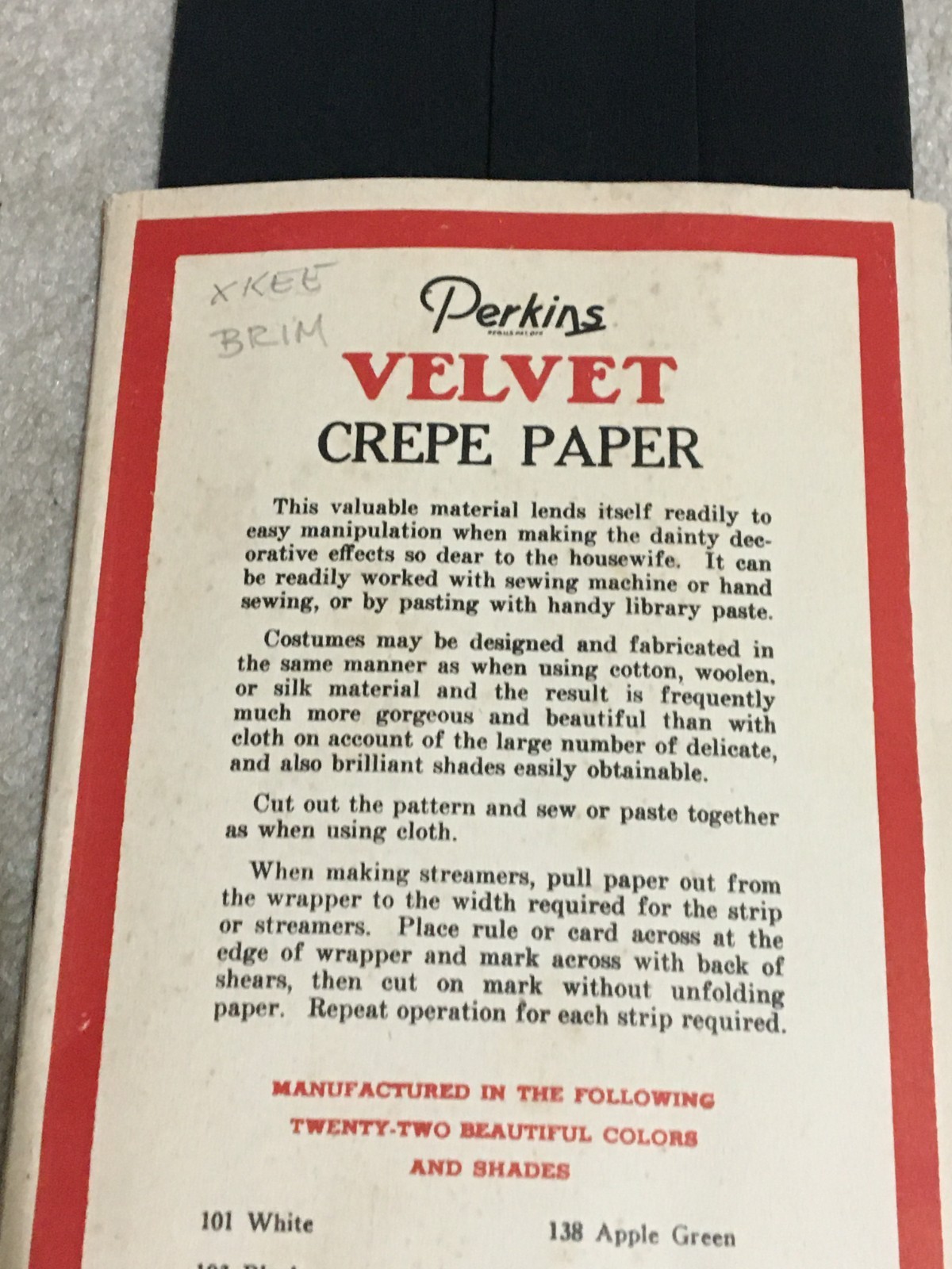Vintage c1930’s VELVET brand Crepe Paper by PERKINS #103 Black 9 feet x 20″