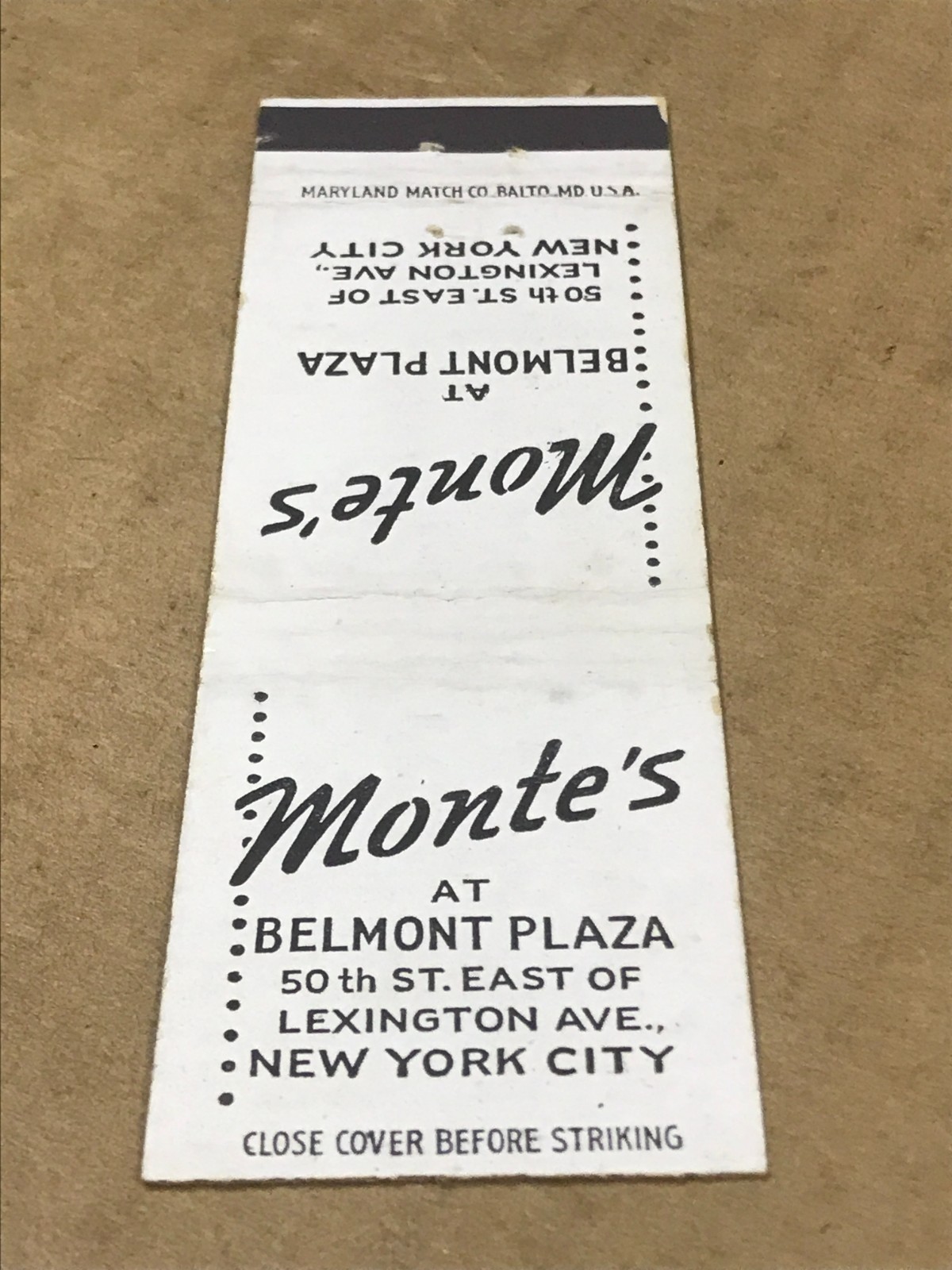 Vintage Monte’s At Belmont Plaza – New York City – Matchcover, Matchbook