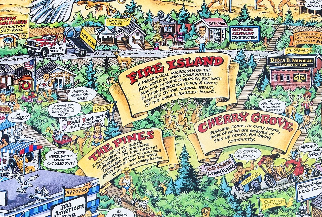 FIRE ISLAND EAST – CHERRY GROVE / PINES Long Island Illustrated Cartoon Map 1994