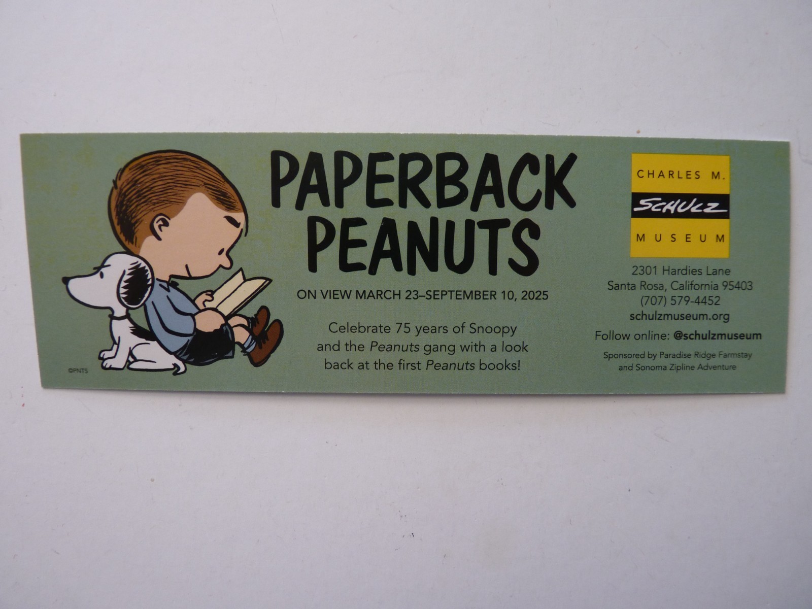 Charles M. Schulz Museum – Paperback Peanuts Bookmark w/Vtg Comic Strip NEW
