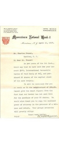 Moorestown National Bank Letter 1917 NJ Burlington Co Finance IMM Scrip
