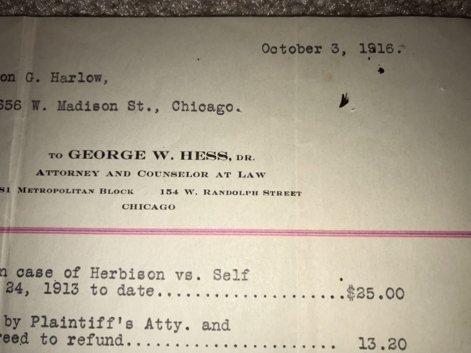 Vintage 1916 George W. Hess attorney & counselor at Law to Jefferson G. Harlow