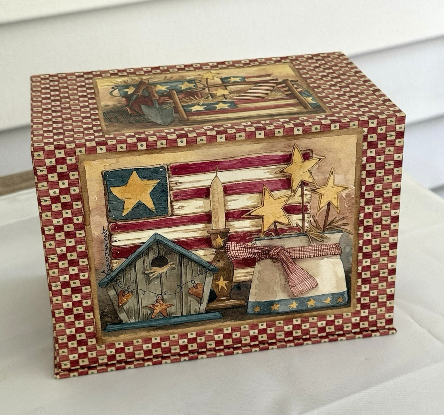 Vtg Diane Knott Art Recipe Box Dividers Patriotic Americana Folk Art Kitchen