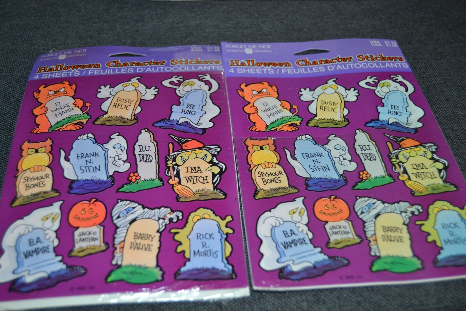 STICKERS HALLOWEEN WOLFMAN MUMMY WITCH GHOST Amer. Greetings Vtg 8 SHEETS 2×4