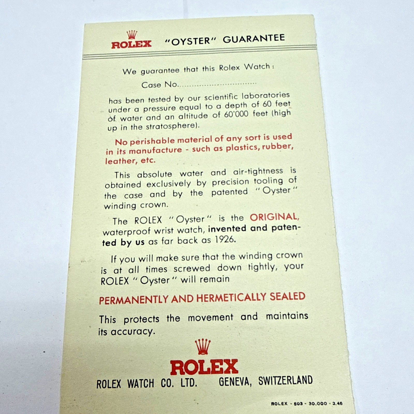 Rolex Vintage 1946 “Oyster Guarantee” Rare Blank Certificate In 4 Languages