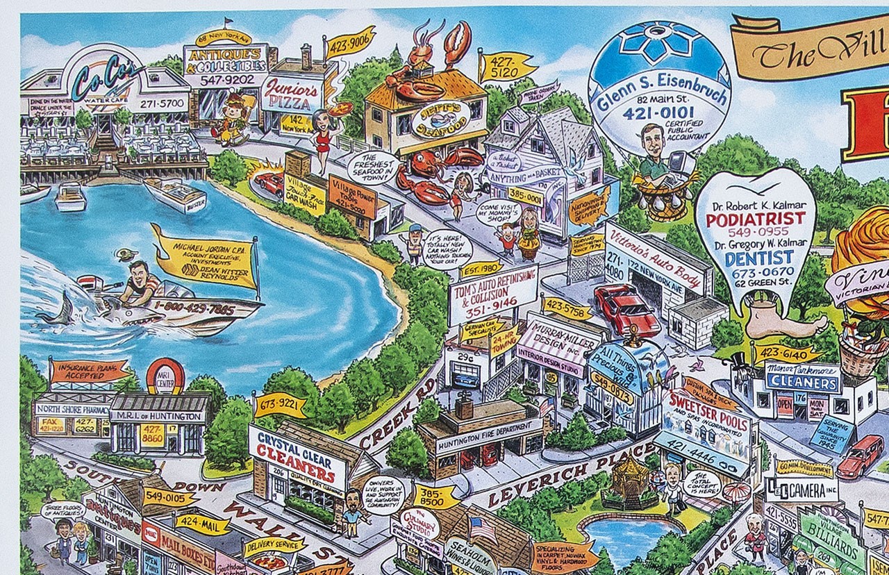 HUNTINGTON LONG ISLAND Illustrated Cartoon Map 1995 – FREE SHIPPING