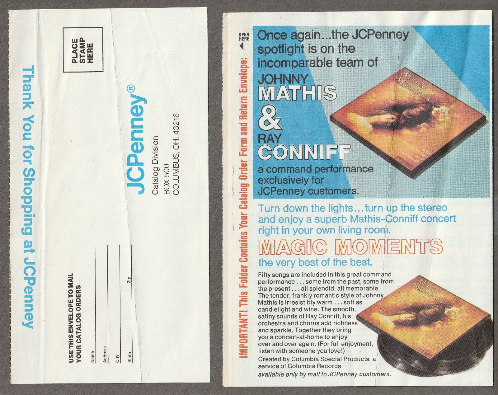 1976 JCPENNEY Catalog ORDER Form/ENVELOPE~Magic Moments LP~JOHNNY MATHIS/Conniff