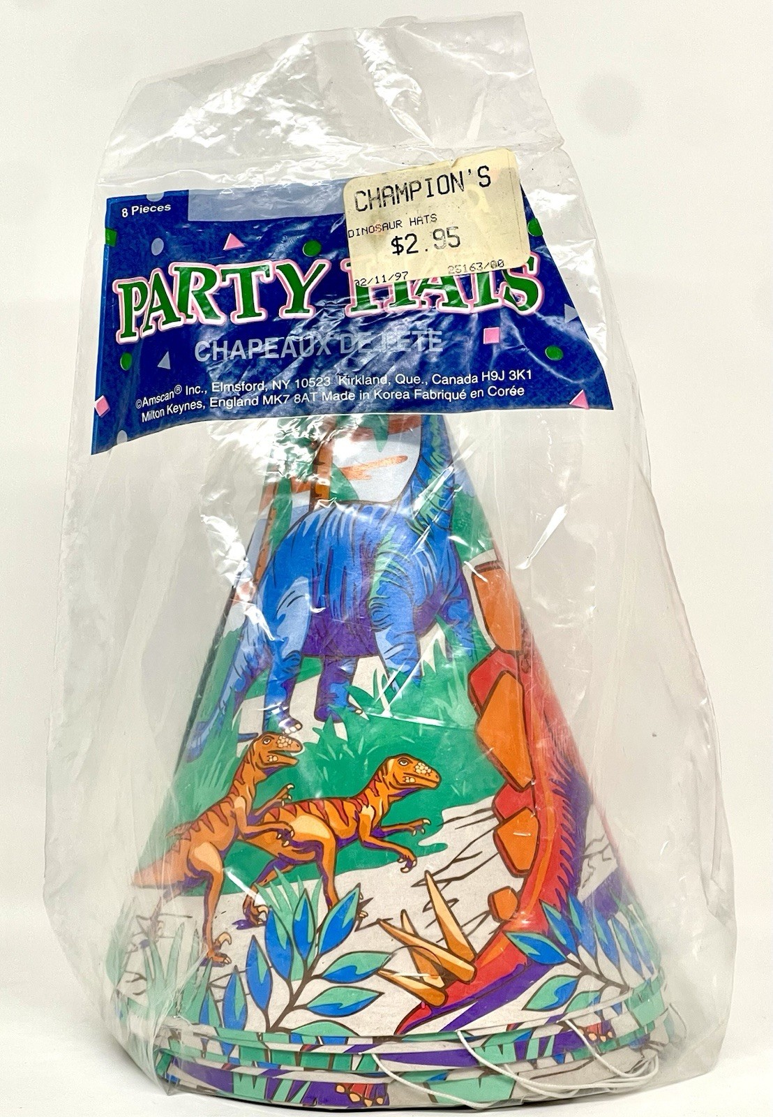 8 Vintage 80s 90s Dinosaur Birthday Party Paper Cone Hats Favors Amdcan New!