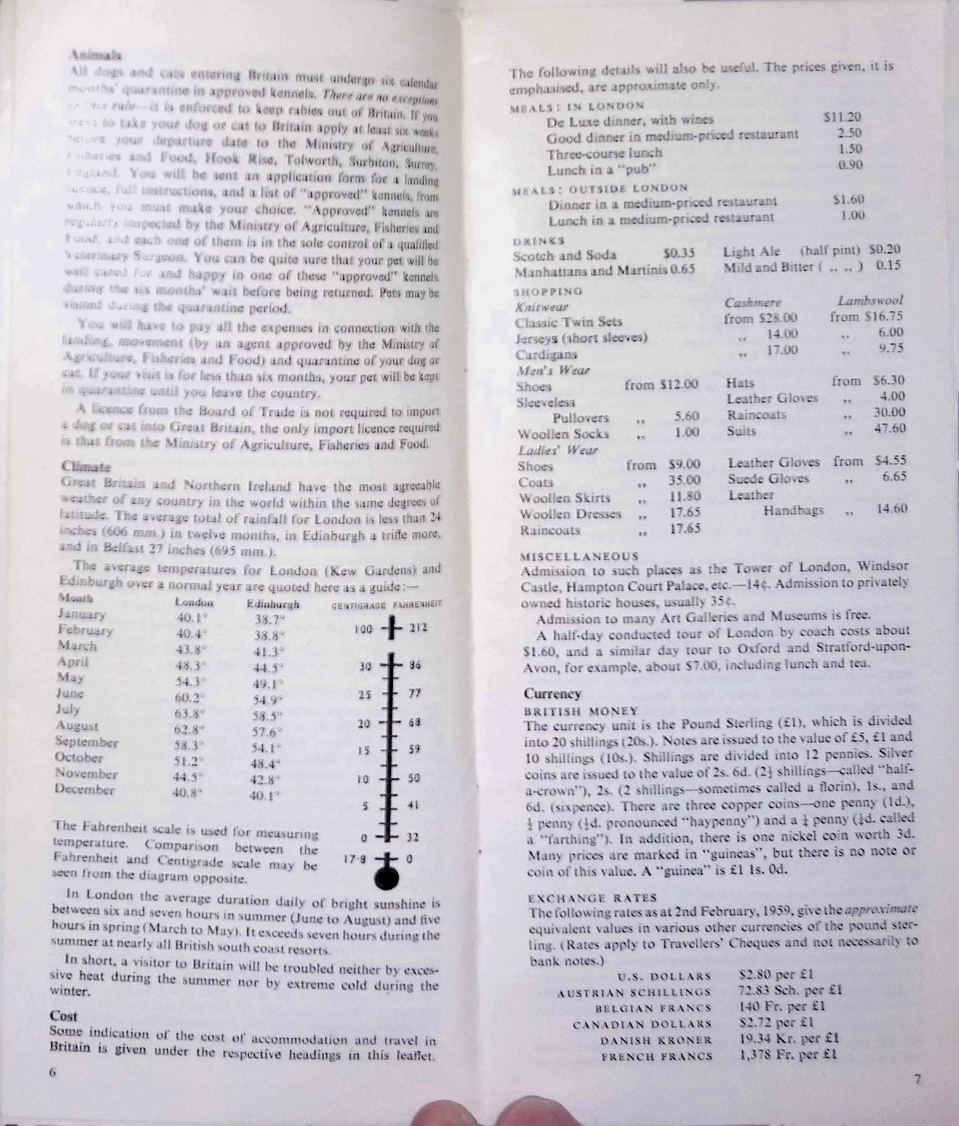 1959 Travellers Guide to Britain No 1 Brochure UK Travel Prices Currency Map