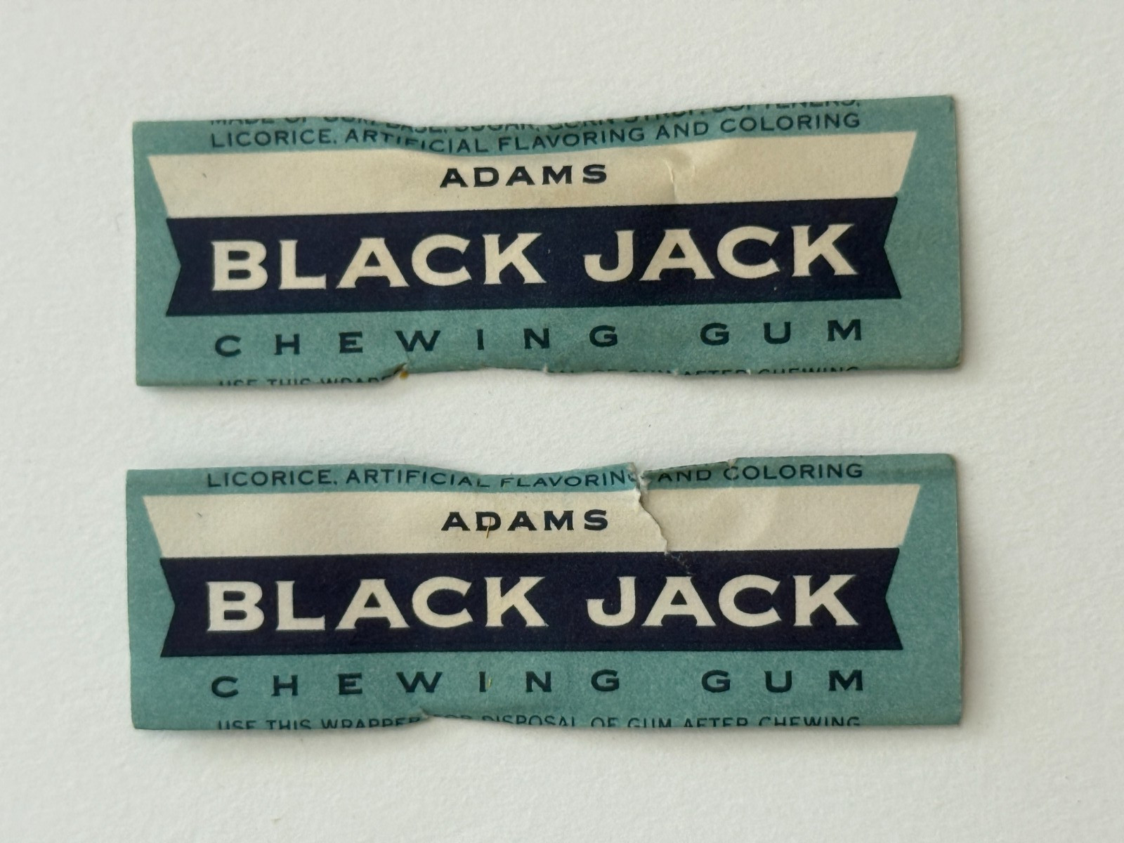 Vintage Adams Black Jack Chewing Gum Paper Wrapper, non-oval, lot of 2 tears
