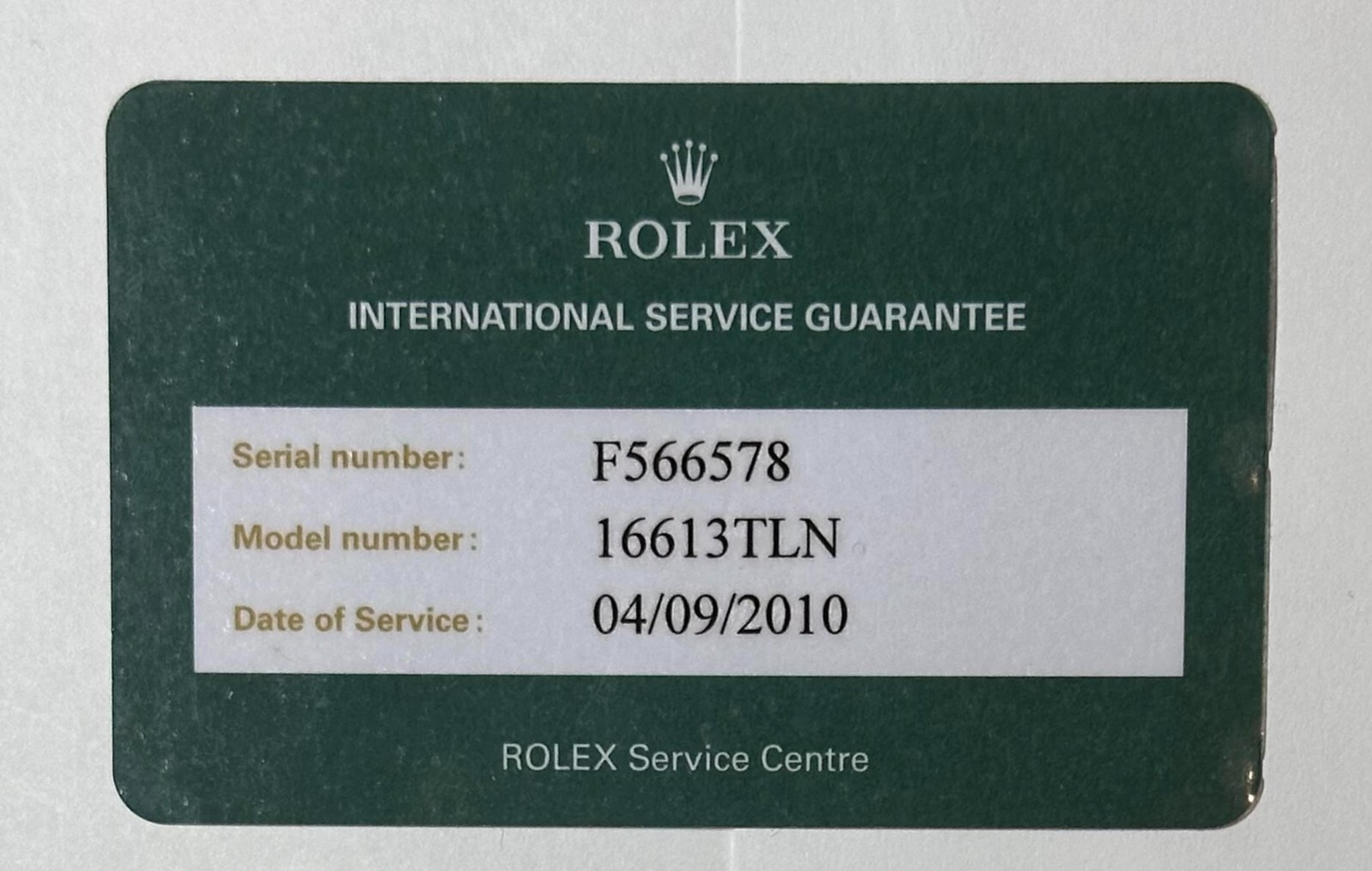 Rolex Submariner Swiss Watch Service Guarantee Certificate 16613LN F Serial