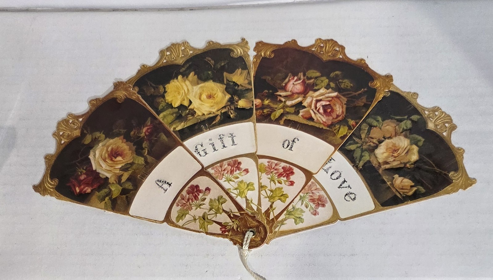 Greeting Card Hand Fan Victorian Roses Tassel A Gift of Love Vintage??