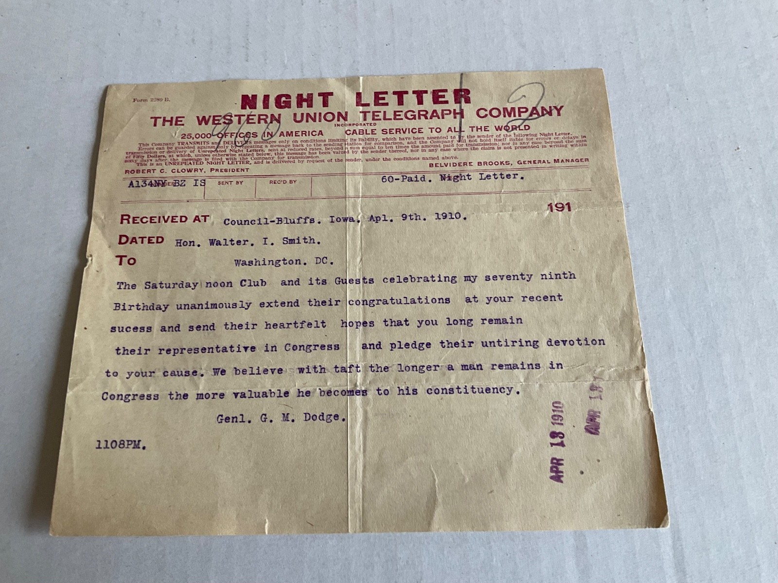 GENERAL G M DODGE IOWA CONGRATULATIONS HON W I SMITH WESTERN UNION NIGHT LETTER