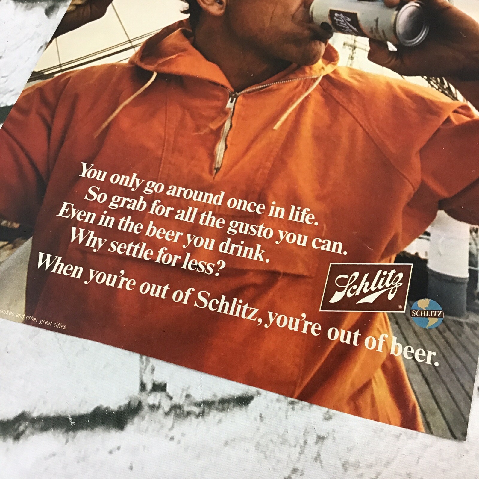 Vintage 1970 Schlitz Beer Milwaukee Advertising Art Print Ad Fisherman Sailing