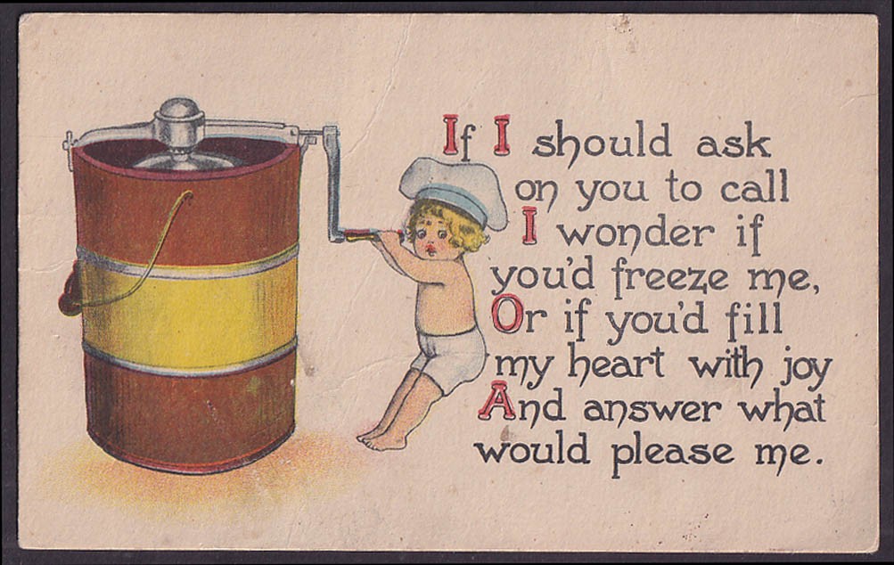 Child in diaper cranks Ice Cream Churn Maker comic postcard c 1910