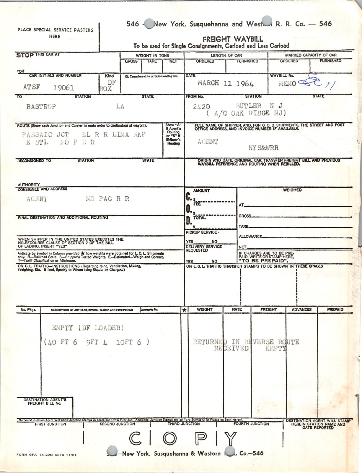 New York Susquehanna & Western Railroad 1961 Waybill Form Unused Railroadiana