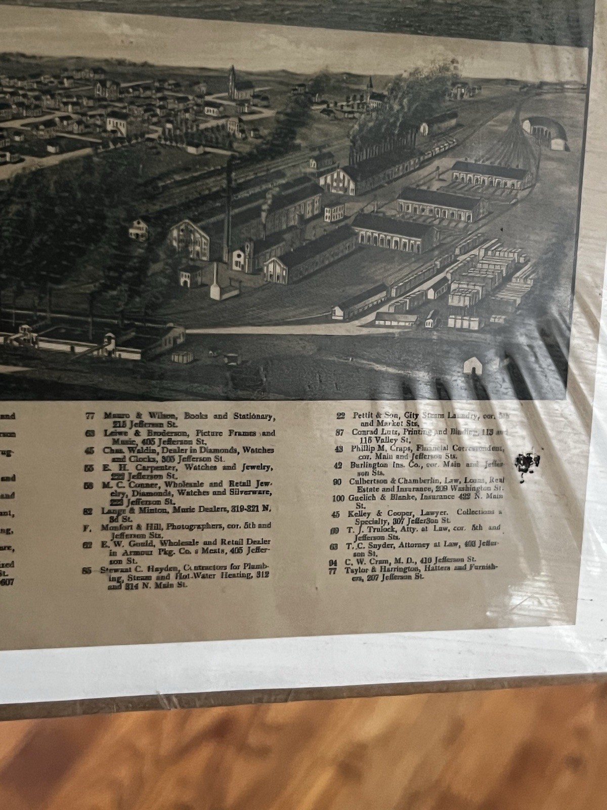 1898 Burlington Iowa Bird’s Eye View Map Antique City Lithograph Print Mounted
