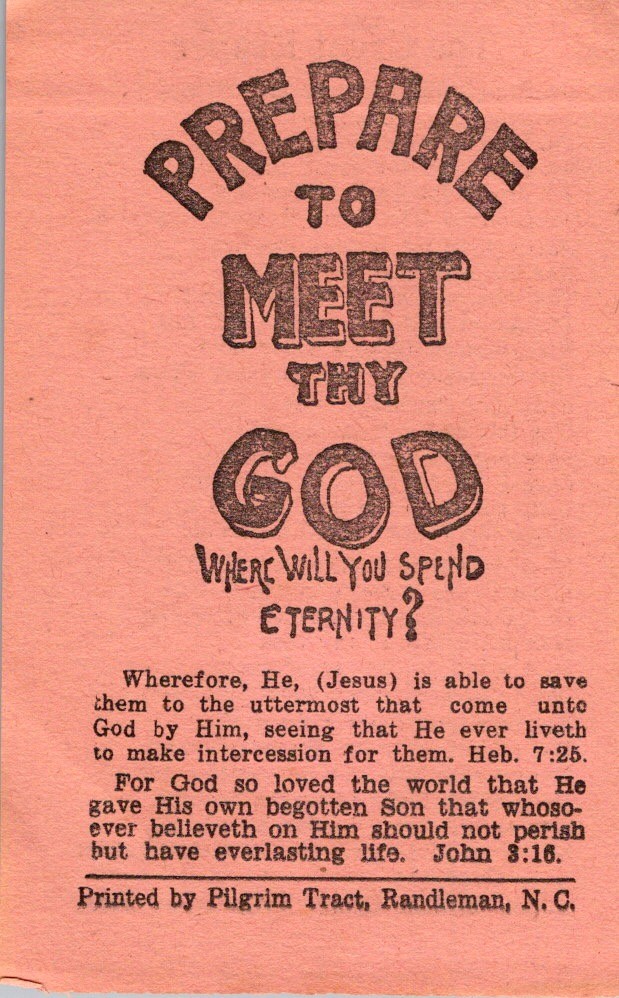 Prepare to Meet Thy God Tract 1950s Pilgrim Tract Randleman NC Scripture Leaflet