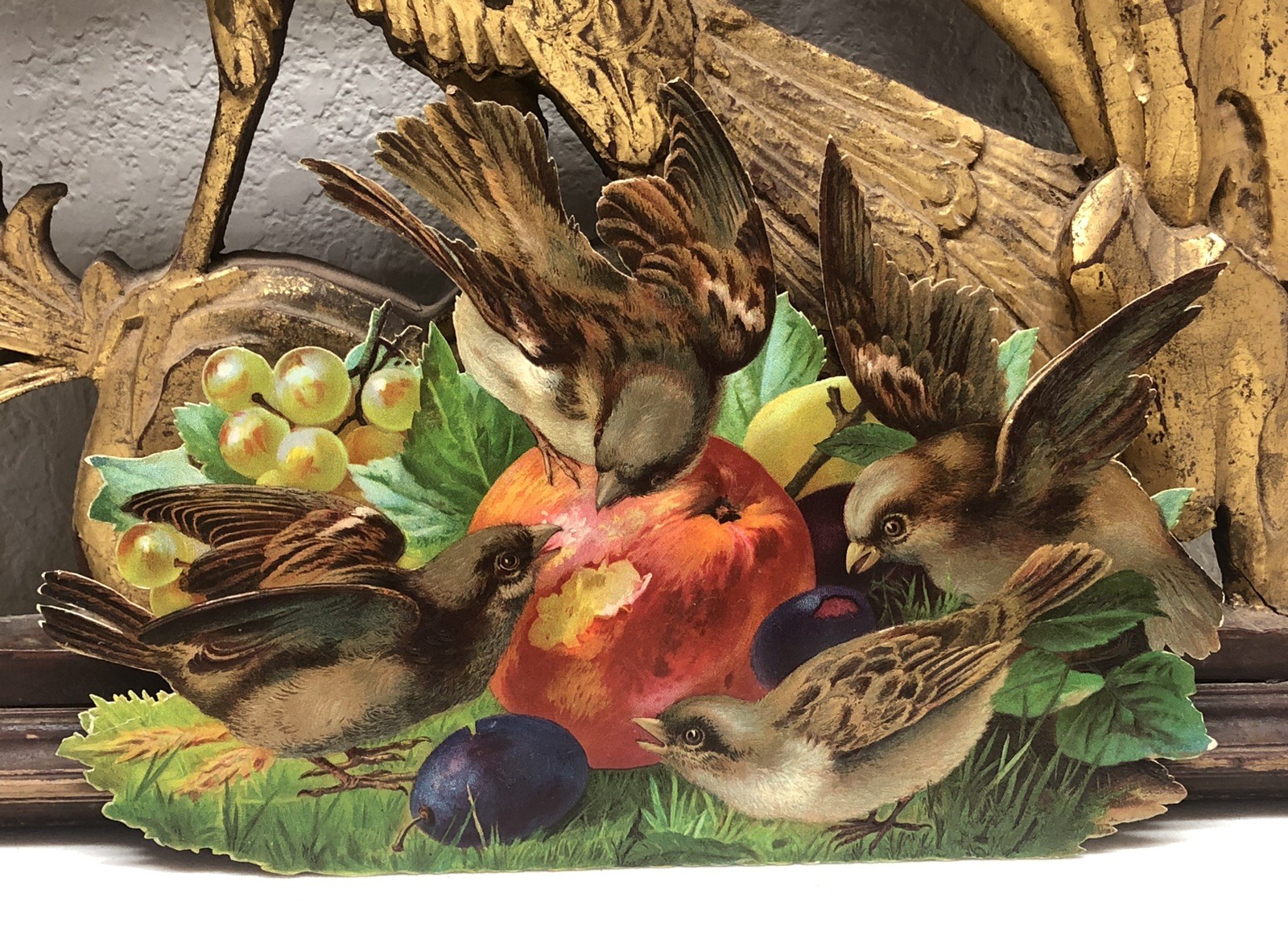 Birds Eating Fruits Victorian Die Cut Large Scrap – L8