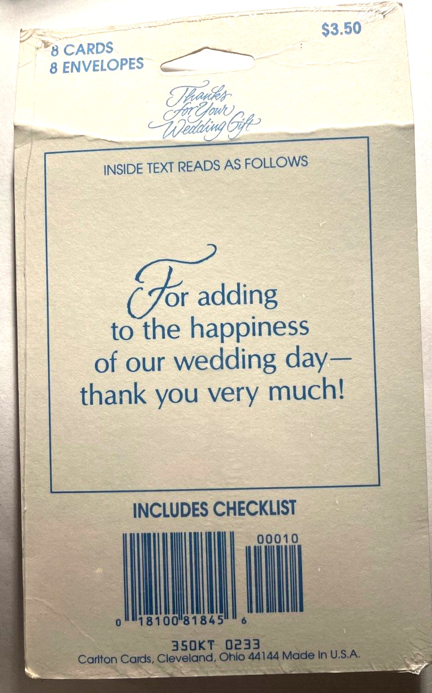 Carlton Cards Wedding Gift Thank You Notes Heart and Bells 8 Cards/Env. Unopened