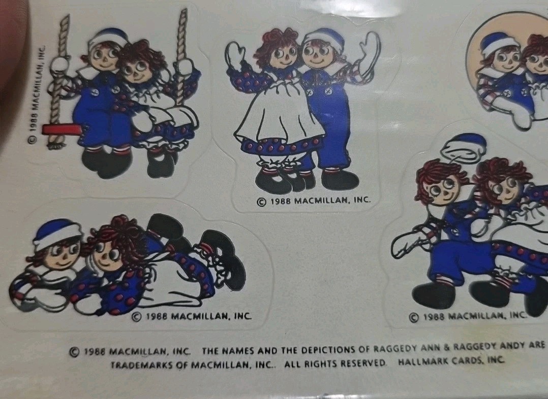 Vintage 1988 RAGGEDY ANN & ANDY STICKERS MacMillan HALLMARK Ambassador 4 SHEETS