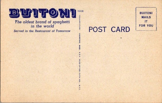 Buitoni Spaghetti Bar Postcard Times Square NYC 1943 Eat Slim Non Fattening
