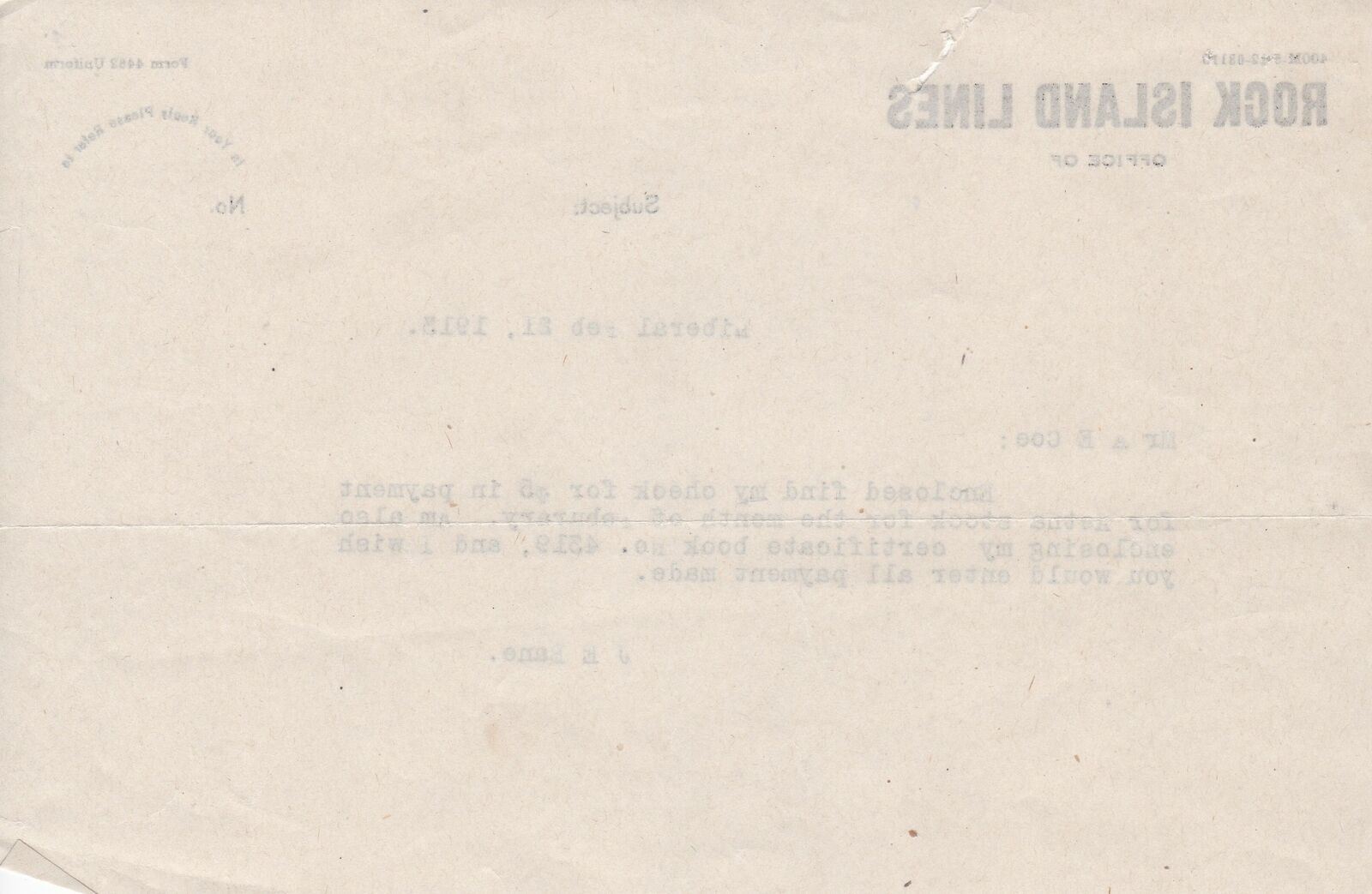 U.S. ROCK ISLAND LINES, Liberal,Kans. 1913 Stock Payment +Book Letter-Tear 44387