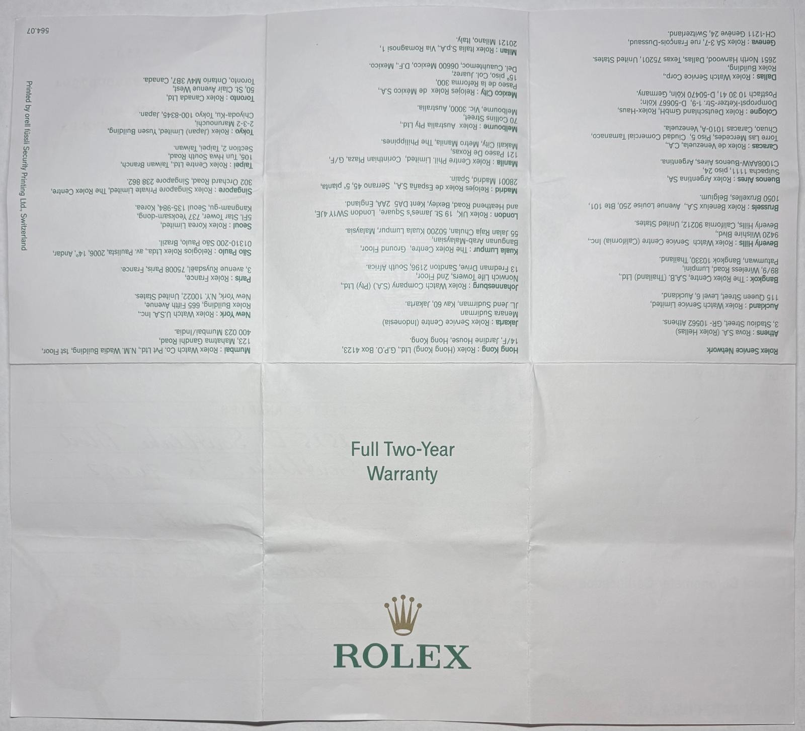 Rolex 80298 Pearlmaster Warranty Certificate Guarantee 2000s K Serial Cert