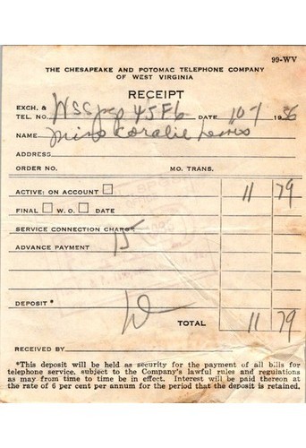Bell System WV Telephone Deposit Receipt 1956 Charleston WV Paper Miss Lemons