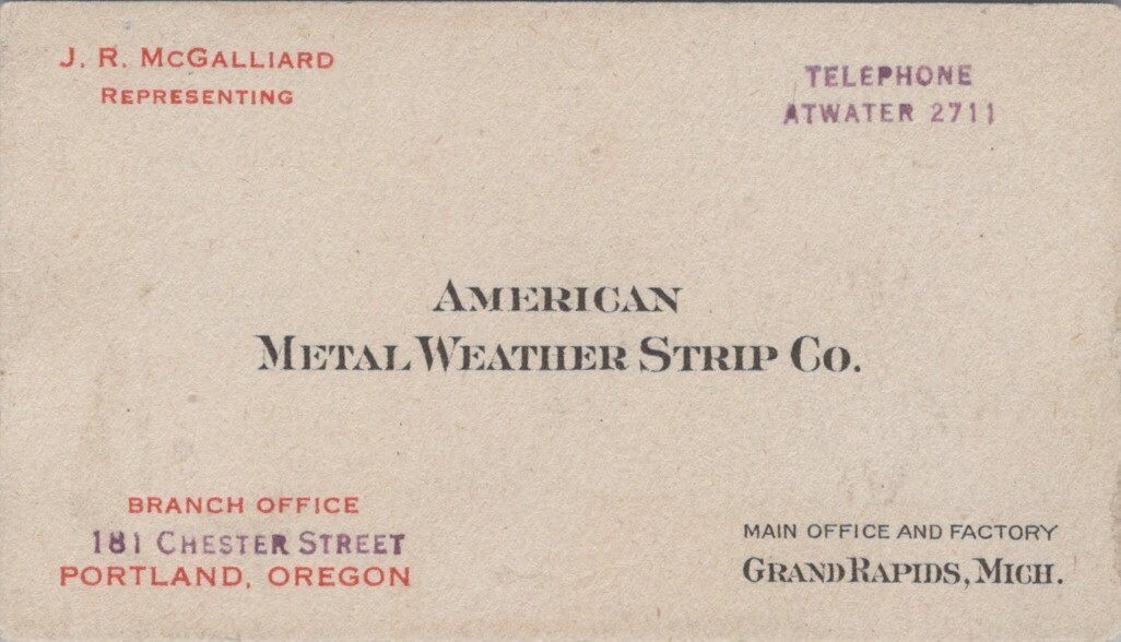 American Metal Weather Strip Portland Oregon McGalliard c1910s Business Card LPB
