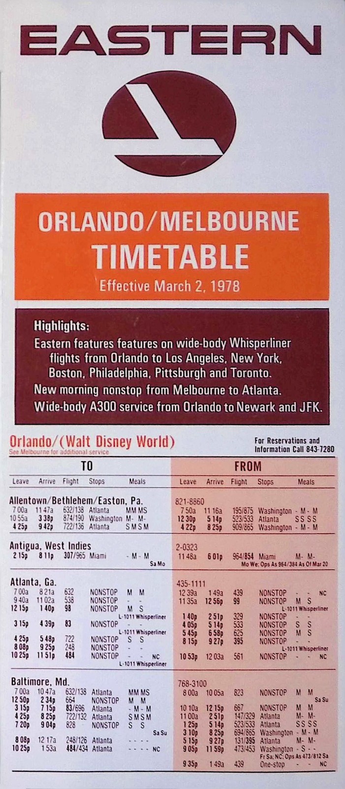 1978 Eastern Air Lines Timetable Brochure Orlando Walt Disney World Fares