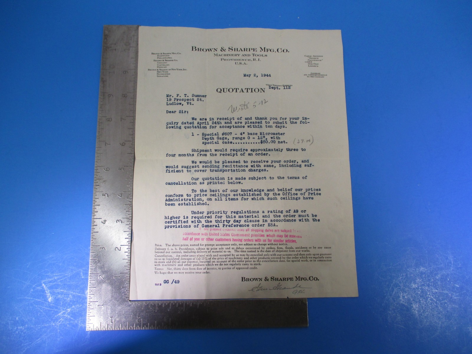 Vintage 1944 Brown & Sharpe Machinery Tools Inquiry Letter Providence RI M5852
