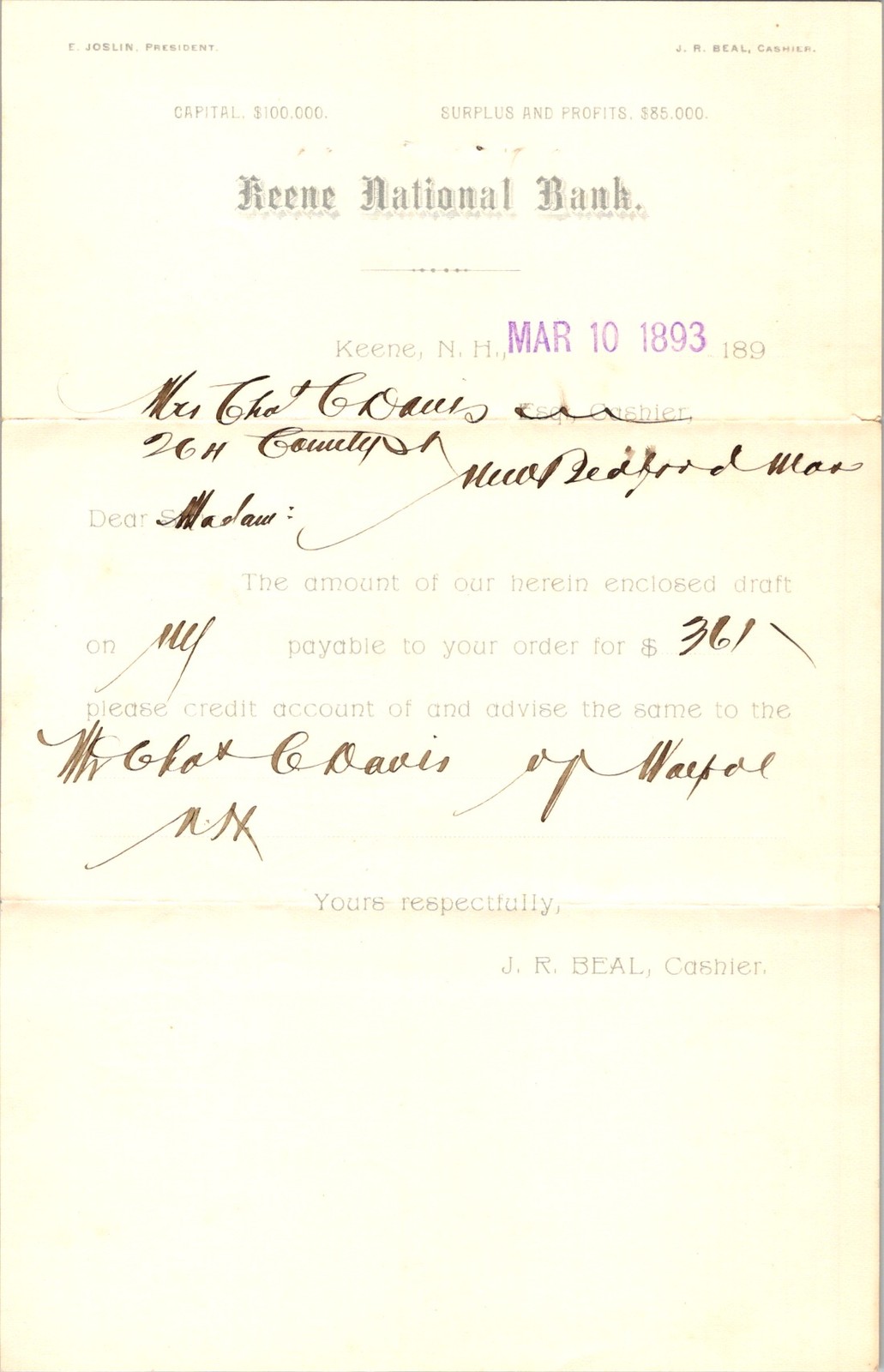 1893 Keene National Bank Correspondence Letter New Bedford Massachusetts