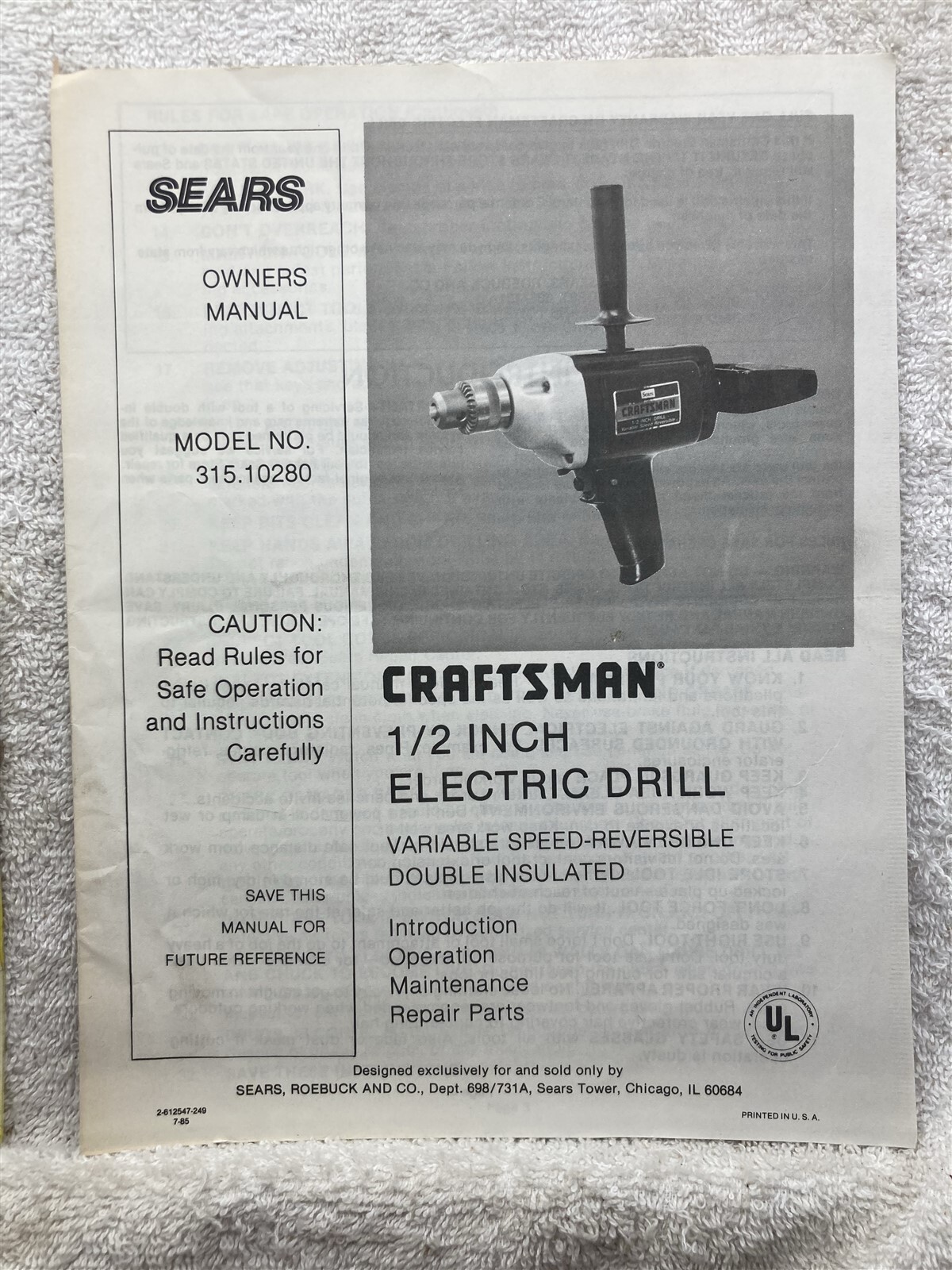 1985 Sears Craftsman 1/2 Inch Electric Drill 315.10280 Owners Manual Vtg