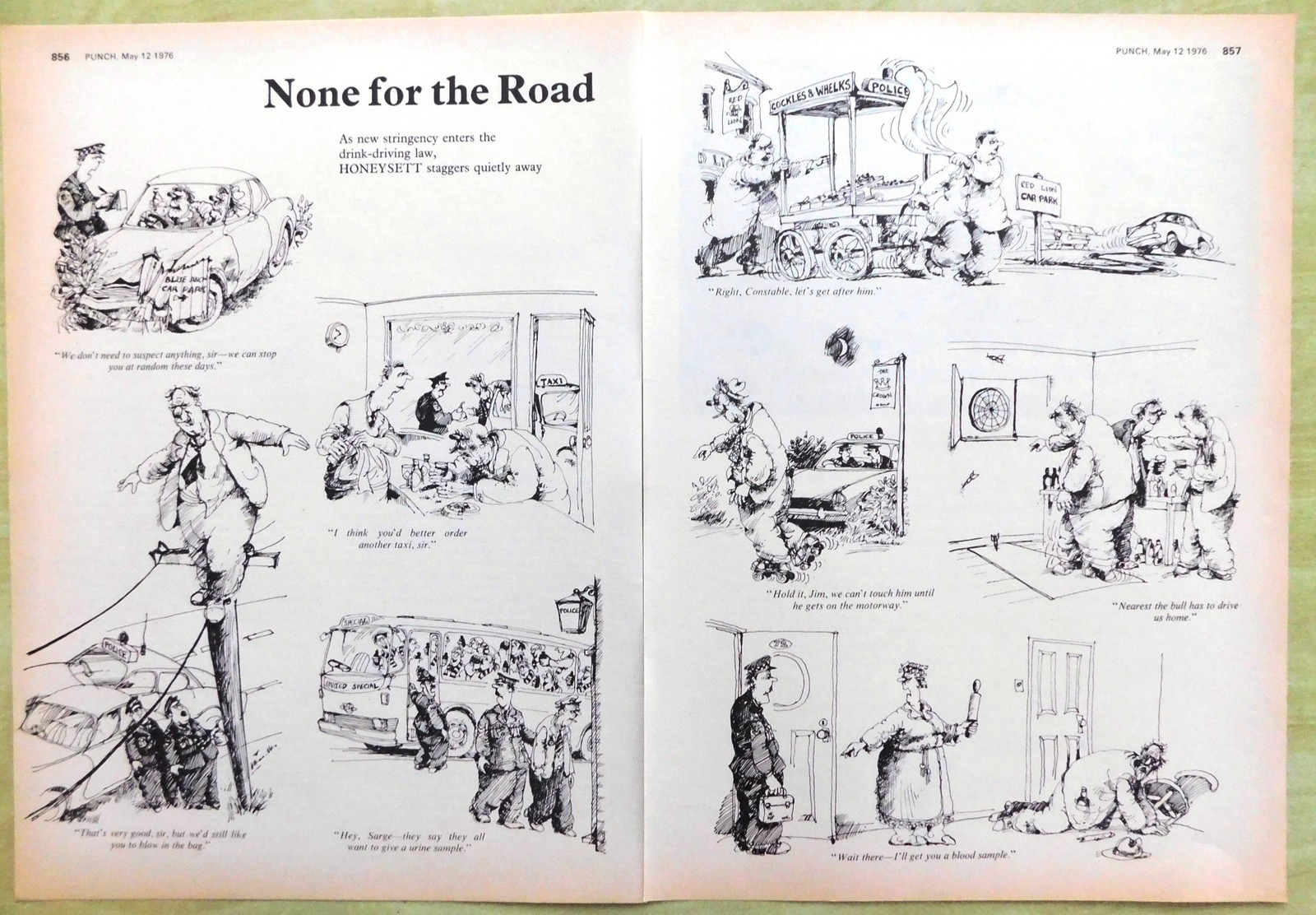 1973 Punch Cartoon “None for the Road” Original 2-Page HONEYSETT Print Ephemera
