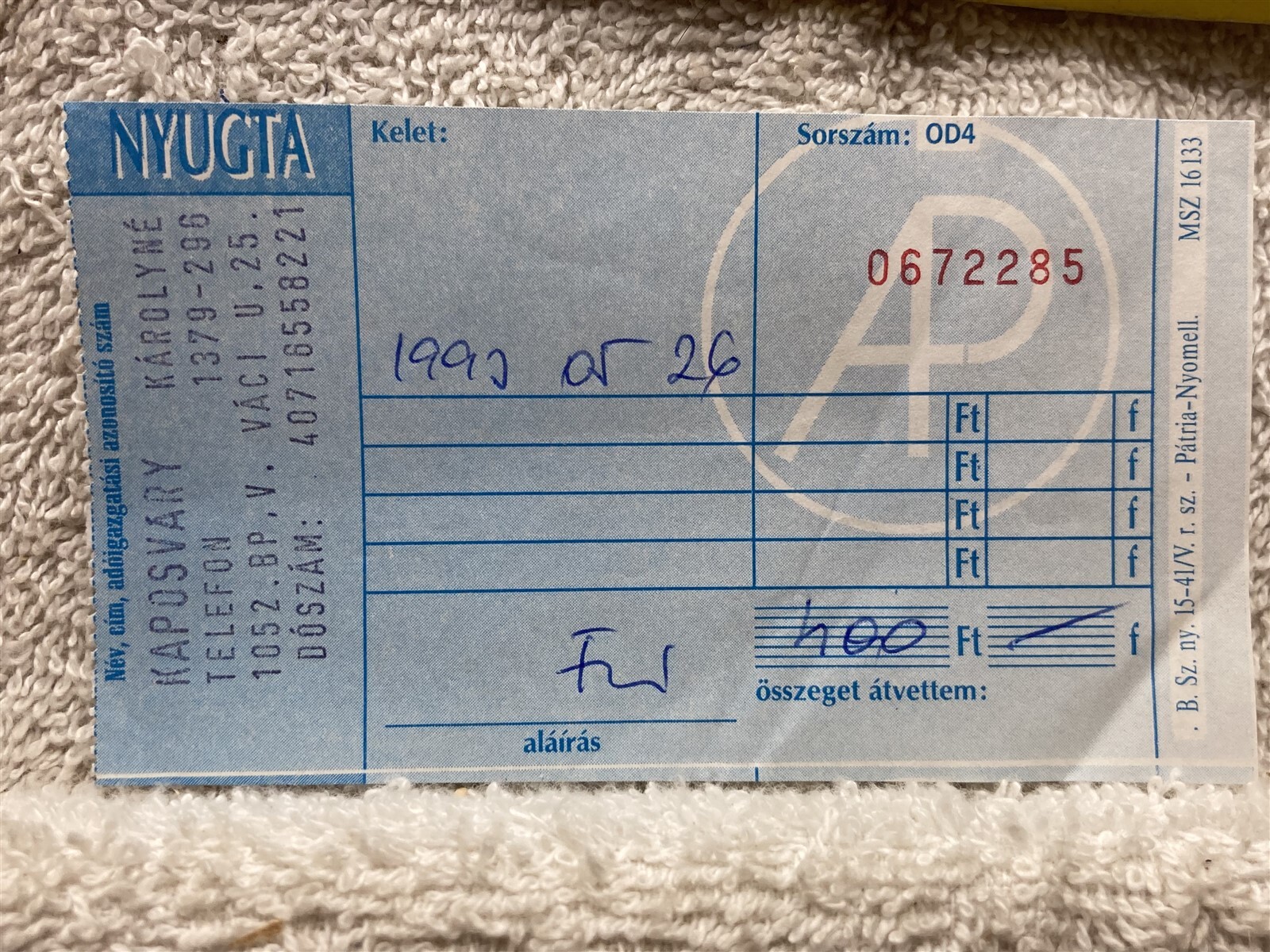 1990 Unknown Hungarian Receipt Kaposvary Vtg