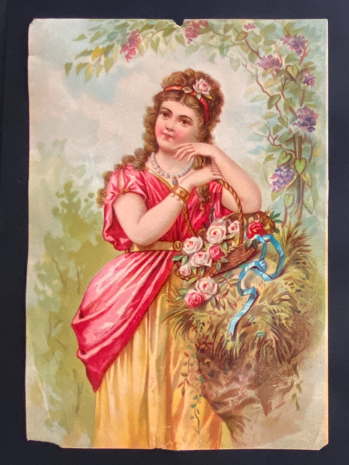 CHROMOS XIXth Century Format 13 cm / 18 cm “Girl With Roses” Print