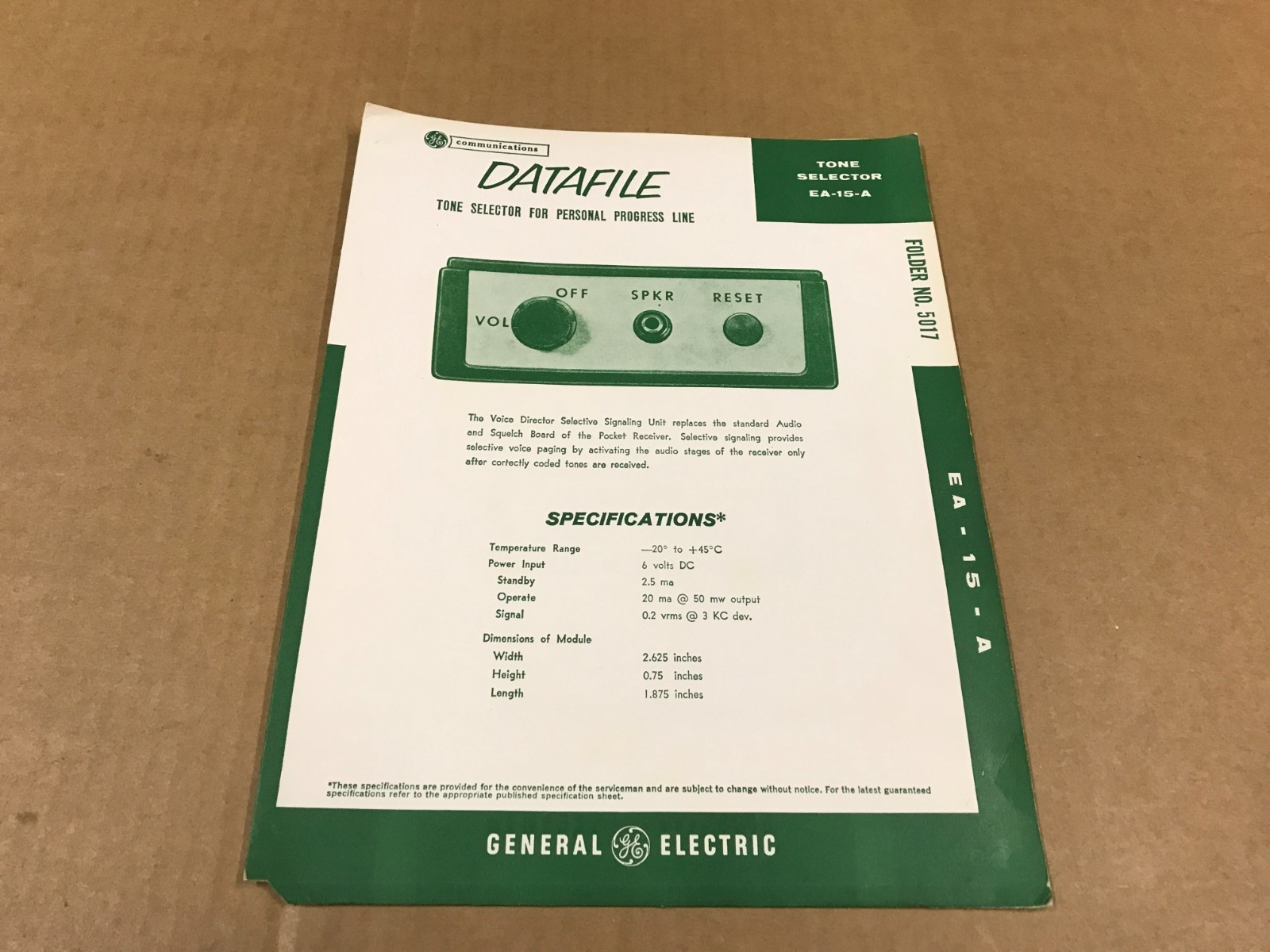 VTG GE Datafile Tone Selector EA-15-A For Personal Progress Line – Folder 5017