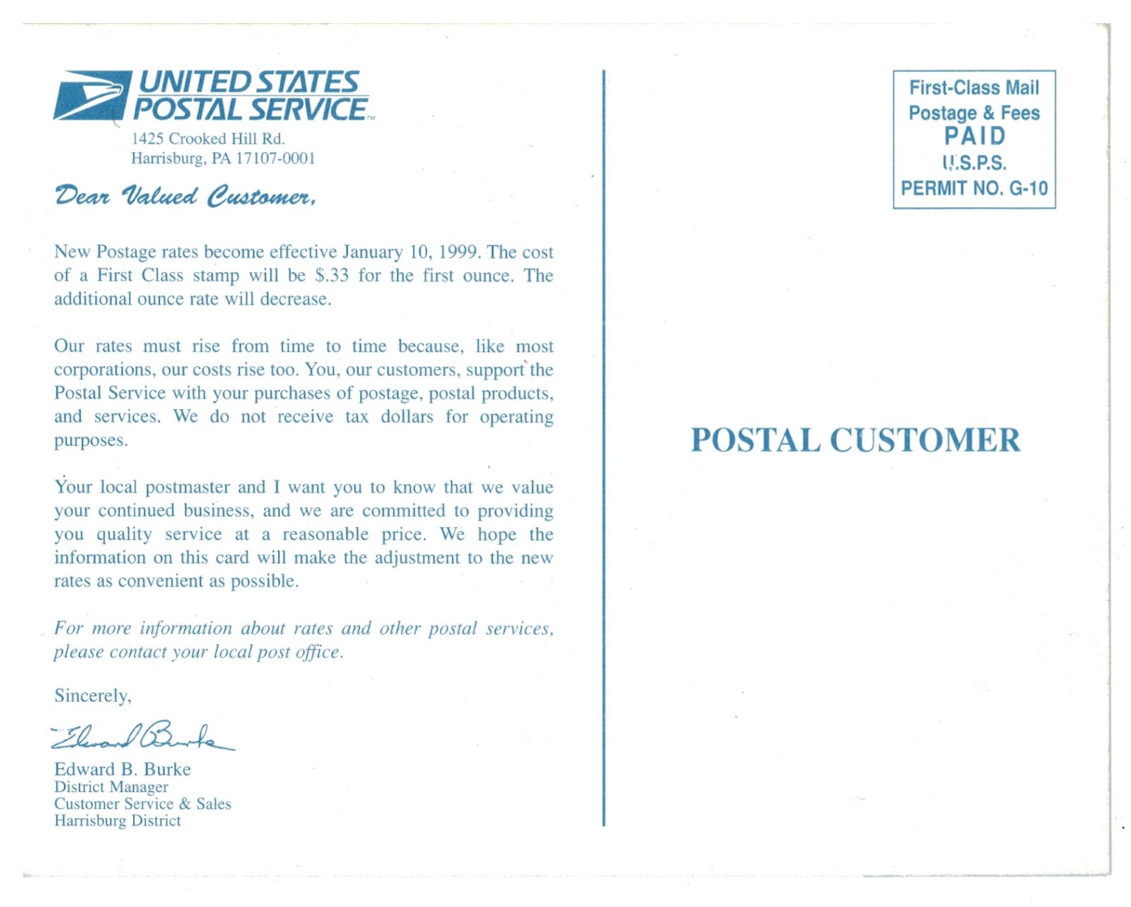 United States Postal Service January 10, 1999 New Domestic Rates Postcard