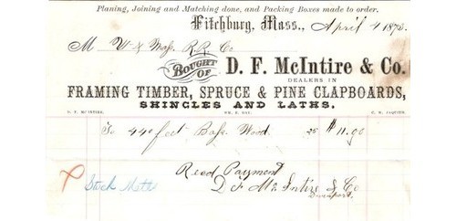 D.F. McIntire Lumber Invoice Fitchburg MA 1873 Railroadiana Billhead Paper