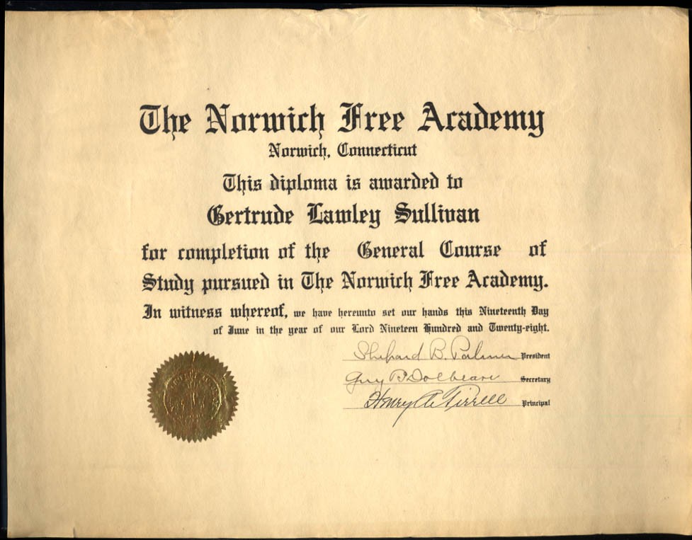 Norwich Free Academy General Course of Study Diploma 1928 CT
